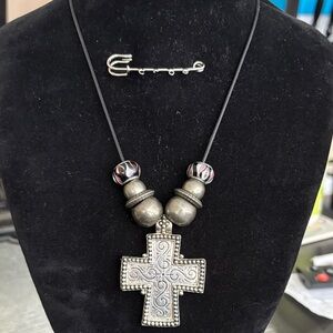 Silver Tone Cross Pendant Necklace with Beads